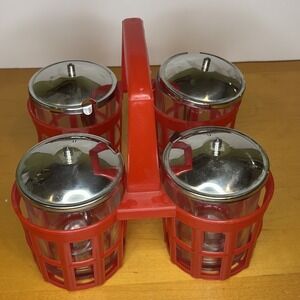 Crate&Barrel Red Condiment Caddy Jars w/ Ladles Picnic Cookout BBQ Party 4 Lids